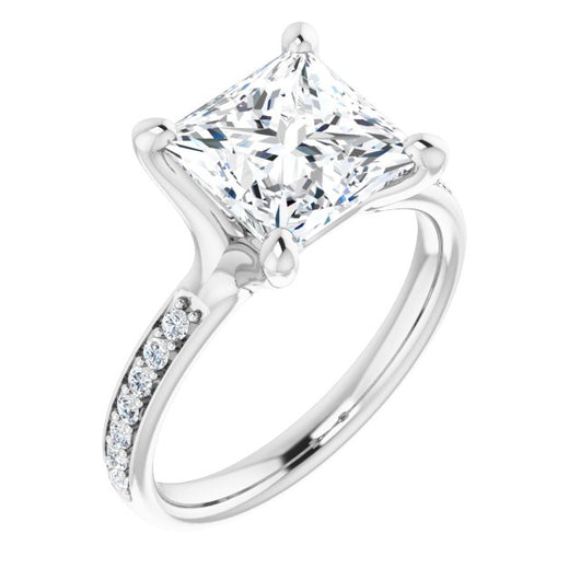 10K White Gold Customizable Heavy Prong-Set Princess/Square Cut Style with Round Cut Band Accents