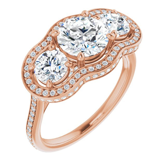 10K Rose Gold Customizable 3-stone Round Cut Design with Multi-Halo Enhancement and 150+-stone Pavé Band