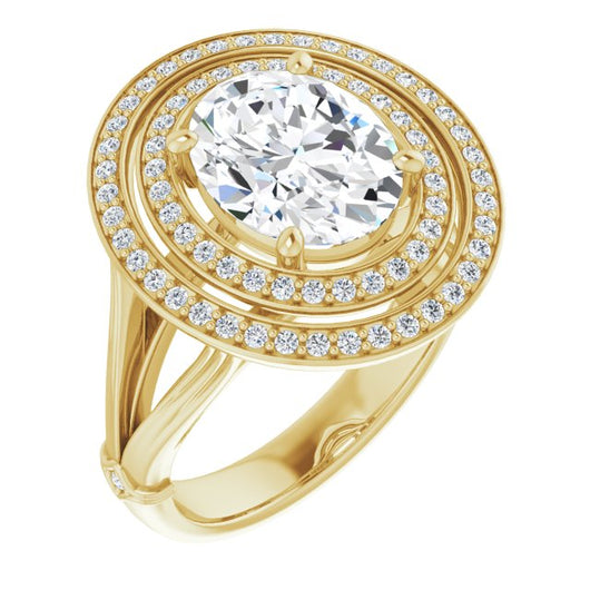 10K Yellow Gold Customizable Cathedral-set Oval Cut Design with Double Halo, Wide Split Band and Side Knuckle Accents