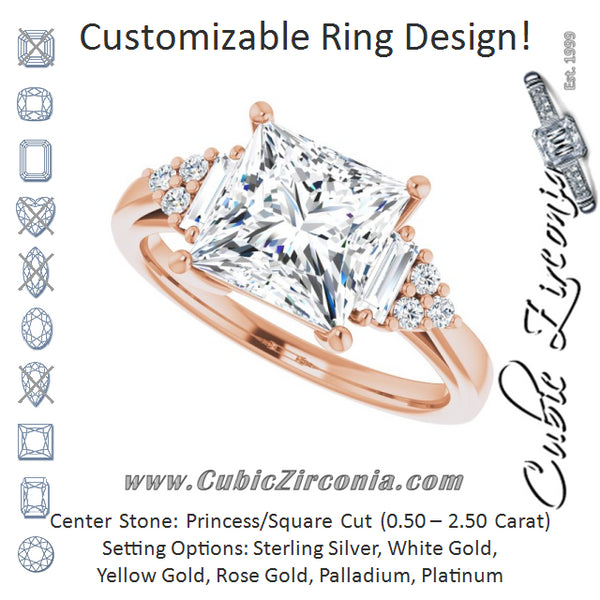 Cubic Zirconia Engagement Ring- The Barb (Customizable 9-stone Design with Princess/Square Cut Center, Side Baguettes and Tri-Cluster Round Accents)