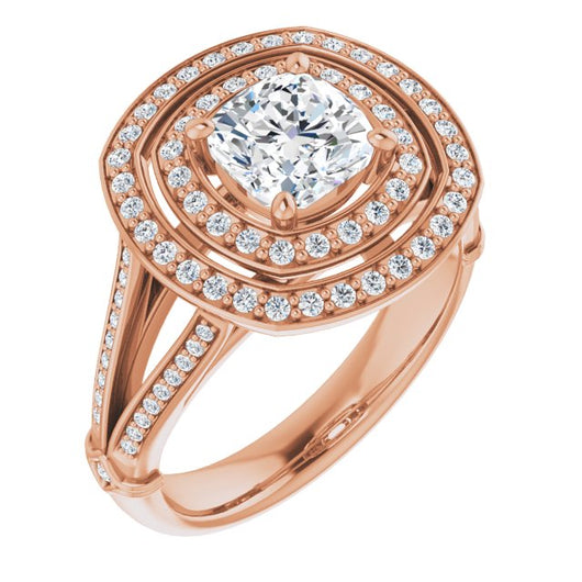 10K Rose Gold Customizable Cathedral-set Cushion Cut Design with Double Halo, Wide Split-Shared Prong Band and Side Knuckle Accents