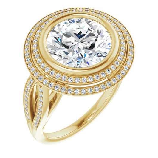 10K Yellow Gold Customizable Bezel-set Round Cut Style with Double Halo and Split Shared Prong Band