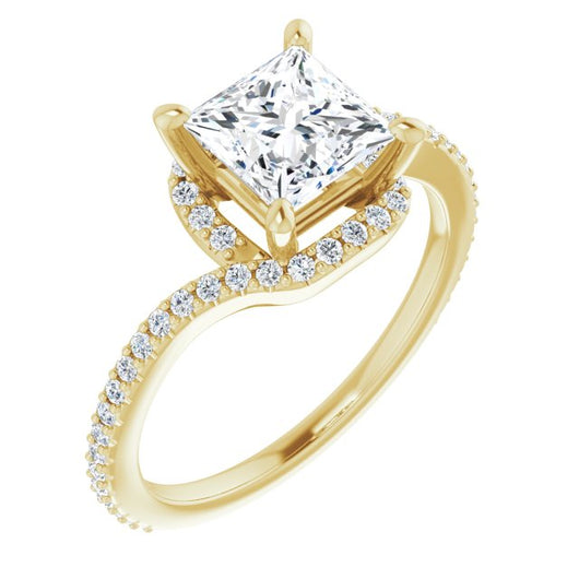 10K Yellow Gold Customizable Artisan Princess/Square Cut Design with Thin, Accented Bypass Band