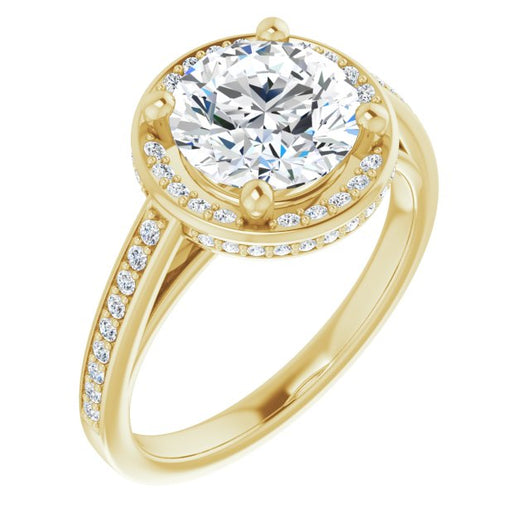 14K Yellow Gold Customizable Cathedral-Halo Round Cut Design with Under-halo & Shared Prong Band