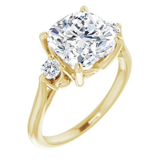 10K Yellow Gold Customizable Three-stone Cushion Cut Design with Small Round Accents and Vintage Trellis/Basket