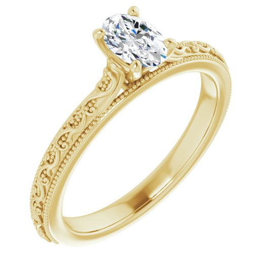 10K Yellow Gold Customizable Oval Cut Solitaire with Delicate Milgrain Filigree Band