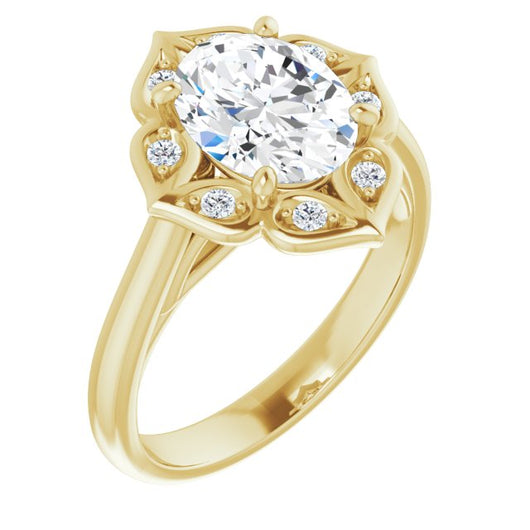 10K Yellow Gold Customizable Cathedral-raised Oval Cut Design with Star Halo & Round-Bezel Peekaboo Accents