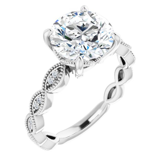 10K White Gold Customizable Round Cut Artisan Design with Scalloped, Round-Accented Band and Milgrain Detail