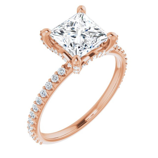 10K Rose Gold Customizable Princess/Square Cut Design with Round-Accented Band, Micropav? Under-Halo and Decorative Prong Accents)