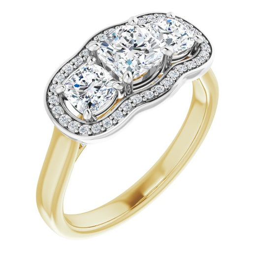 14K Yellow & White Gold Customizable 3-stone Design with Cushion Cut Center, Cushion Side Stones, Triple Halo and Bridge Under-halo