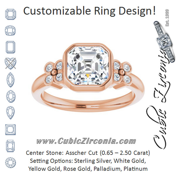 Cubic Zirconia Engagement Ring- The Kjerstin Rose (Customizable 9-stone Bezel-set Asscher Cut Design with Quad Round Bezel Side Stones Each Side)