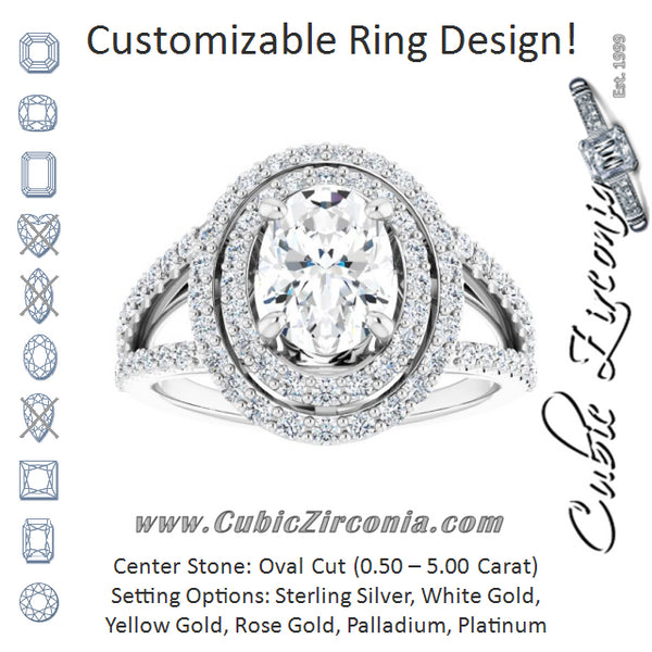 Cubic Zirconia Engagement Ring- The Carly Anne (Customizable Oval Cut Design with Double Halo and Wide Split-Pavé Band)