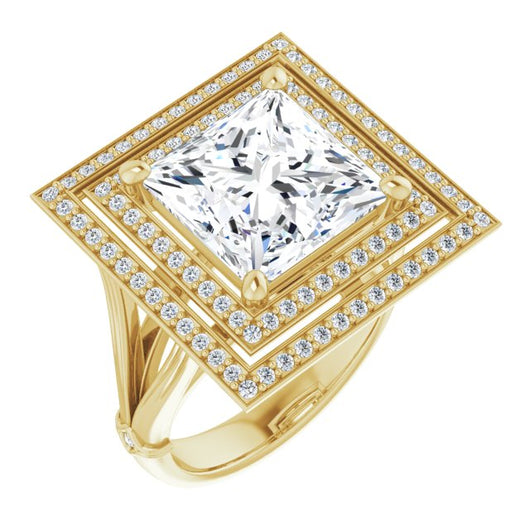 10K Yellow Gold Customizable Cathedral-set Princess/Square Cut Design with Double Halo, Wide Split Band and Side Knuckle Accents