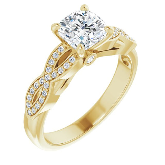 10K Yellow Gold Customizable Cushion Cut Design featuring Infinity Pavé Band and Round-Bezel Peekaboos