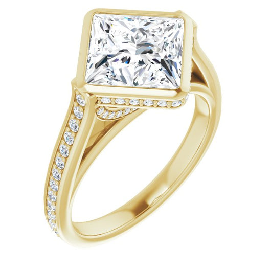 10K Yellow Gold Customizable Cathedral-Bezel Princess/Square Cut Design with Under Halo and Shared Prong Band