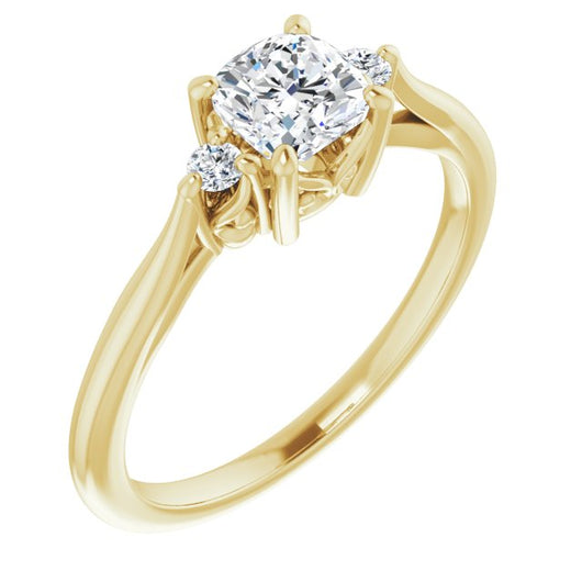 10K Yellow Gold Customizable Three-stone Cushion Cut Design with Small Round Accents and Vintage Trellis/Basket