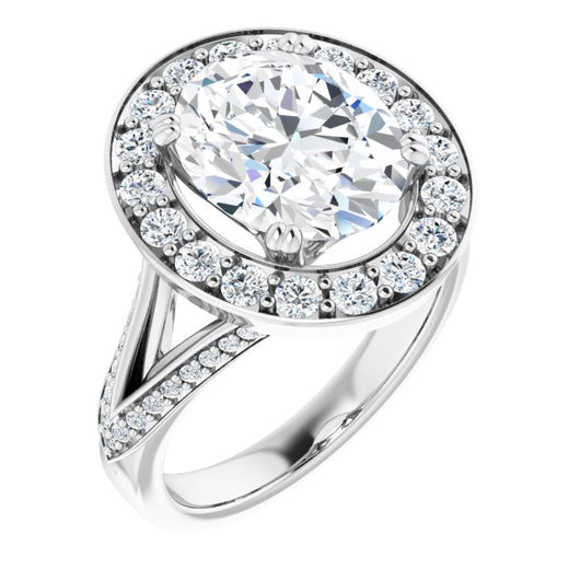 10K White Gold Customizable Oval Cut Center with Large-Accented Halo and Split Shared Prong Band