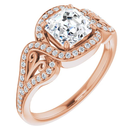 10K Rose Gold Customizable Asscher Cut Design with Bypass Halo and Split-Shared Prong Band