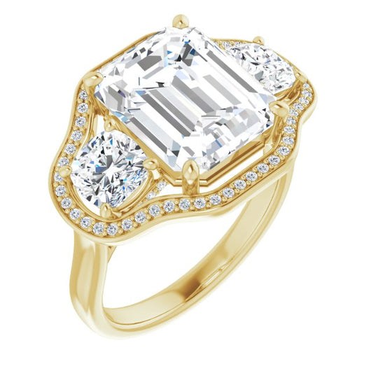 10K Yellow Gold Customizable 3-stone Design with Emerald/Radiant Cut Center, Cushion Side Stones, Triple Halo and Bridge Under-halo