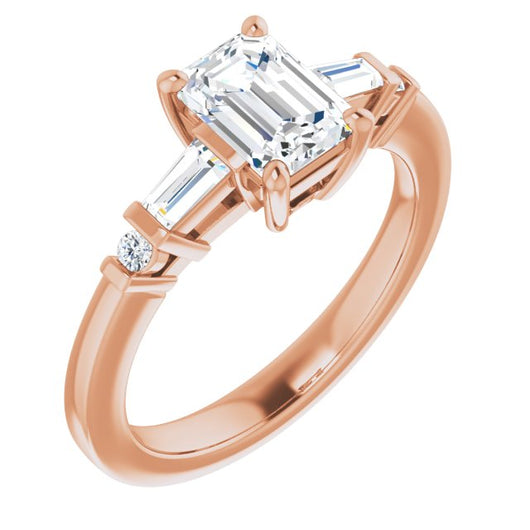 10K Rose Gold Customizable 5-stone Baguette+Round-Accented Emerald/Radiant Cut Design)