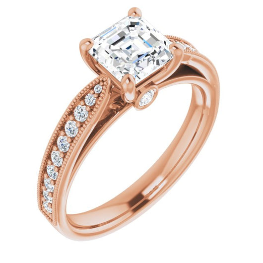 10K Rose Gold Customizable Asscher Cut Style featuring Milgrained Shared Prong Band & Dual Peekaboos