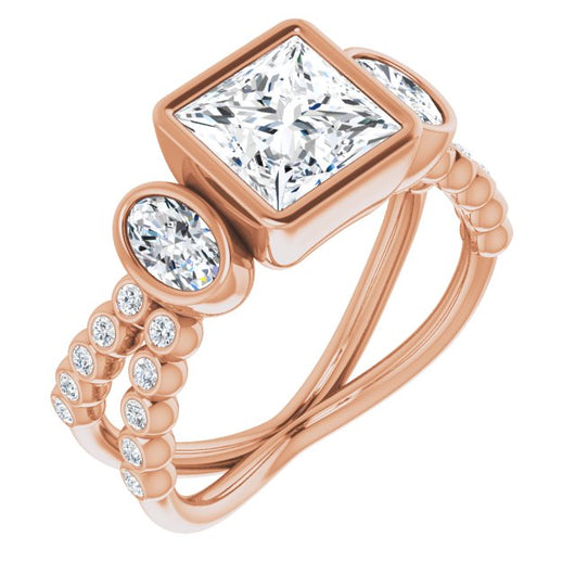 10K Rose Gold Customizable Bezel-set Princess/Square Cut Design with Dual Bezel-Oval Accents and Round-Bezel Accented Split Band