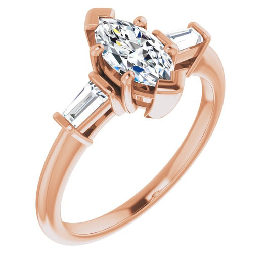 10K Rose Gold Customizable 3-stone Marquise Cut Design with Dual Baguette Accents)