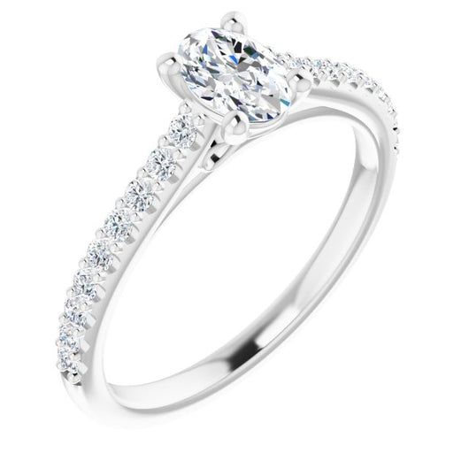 10K White Gold Customizable Cathedral-raised Oval Cut Design with Accented Band and Infinity Symbol Trellis Decoration