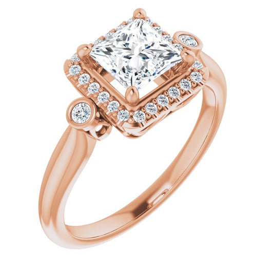 10K Rose Gold Customizable Princess/Square Cut Style with Halo and Twin Round Bezel Accents