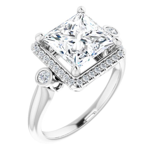 10K White Gold Customizable Princess/Square Cut Style with Halo and Twin Round Bezel Accents