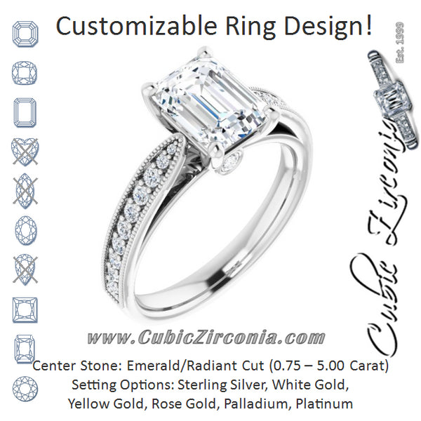 Cubic Zirconia Engagement Ring- The Carli Love (Customizable Emerald Cut Style featuring Milgrained Shared Prong Band & Dual Peekaboos)