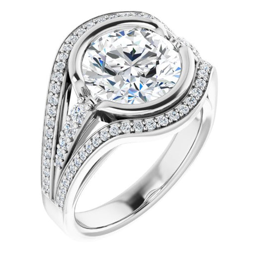 10K White Gold Customizable Cathedral-Bezel Round Cut Design with Wide Triple-Split-Pavé Band