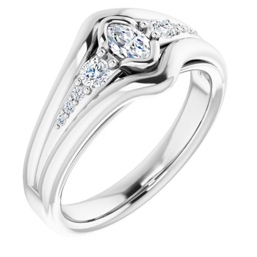 10K White Gold Customizable 9-stone Marquise Cut Design with Bezel Center, Wide Band and Round Prong Side Stones