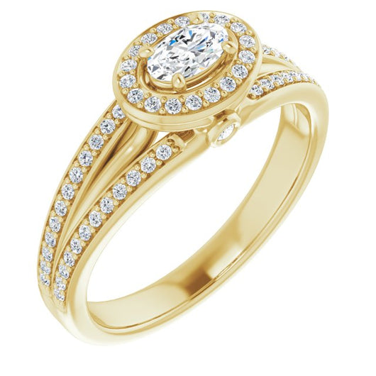 10K Yellow Gold Customizable High-set Oval Cut Design with Halo, Wide Tri-Split Shared Prong Band and Round Bezel Peekaboo Accents