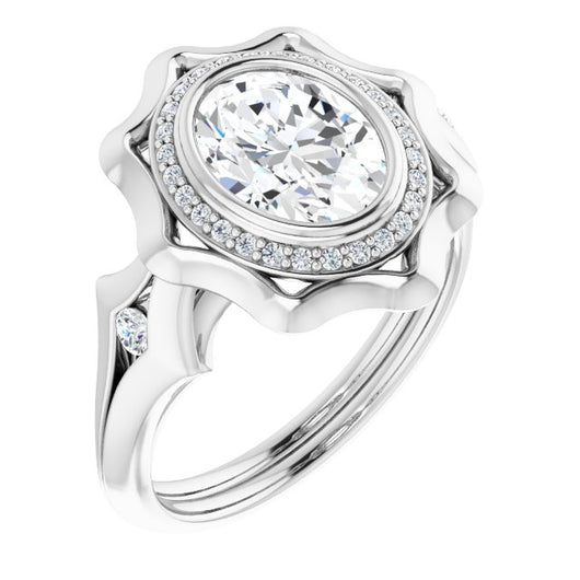 10K White Gold Customizable Bezel-set Oval Cut with Halo & Oversized Floral Design