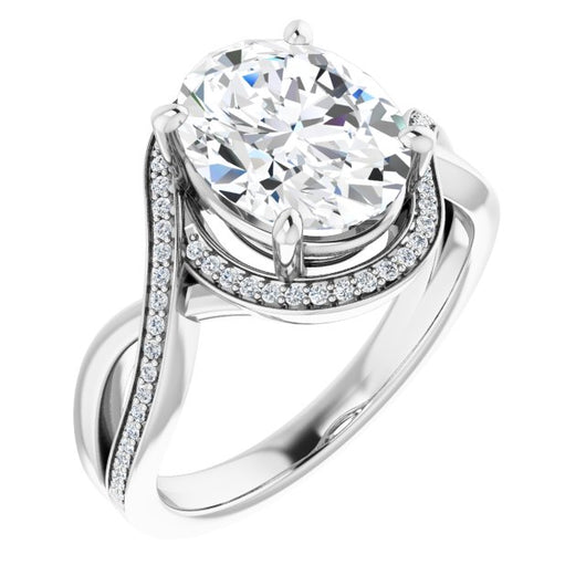 10K White Gold Customizable Bypass-Halo-Accented Oval Cut Center with Twisting Split Shared Prong Band