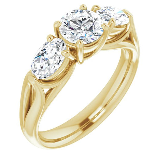 10K Yellow Gold Customizable Cathedral-set 3-stone Round Cut Style with Dual Oval Cut Accents & Wide Split Band