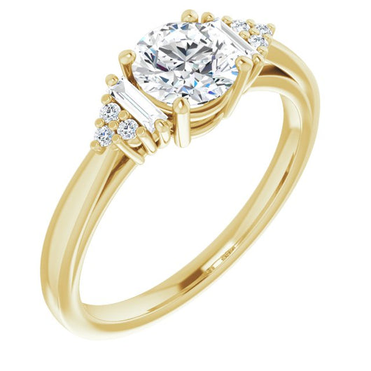 10K Yellow Gold Customizable 9-stone Design with Round Cut Center, Side Baguettes and Tri-Cluster Round Accents