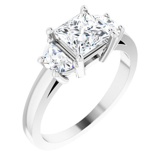 10K White Gold Customizable 3-stone Design with Princess/Square Cut Center and Half-moon Side Stones