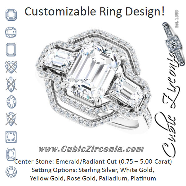 Cubic Zirconia Engagement Ring- The Fallon (Customizable Enhanced 3-stone Style with Emerald Cut Center, Emerald Cut Accents, Double Halo and Thin Shared Prong Band)