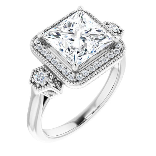 10K White Gold Customizable Cathedral Princess/Square Cut Design with Halo and Delicate Milgrain