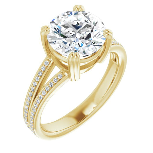 10K Yellow Gold Customizable Round Cut Center with 100-stone* "Waterfall" Pavé Split Band