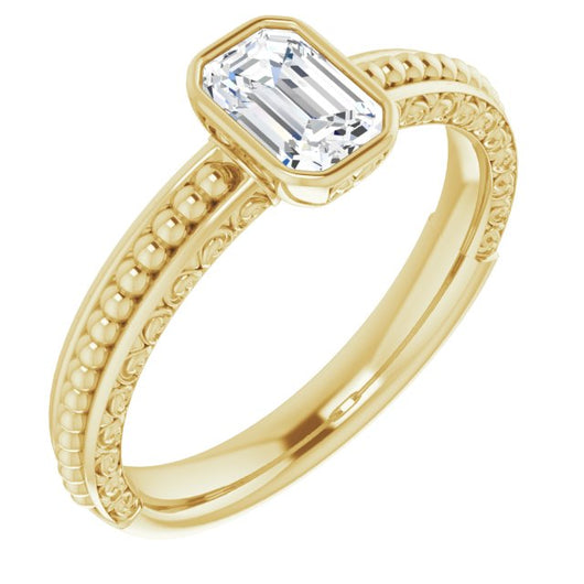 10K Yellow Gold Customizable Bezel-set Emerald/Radiant Cut Solitaire with Beaded and Carved Three-sided Band