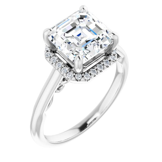 10K White Gold Customizable Cathedral-Halo Asscher Cut Style featuring Sculptural Trellis