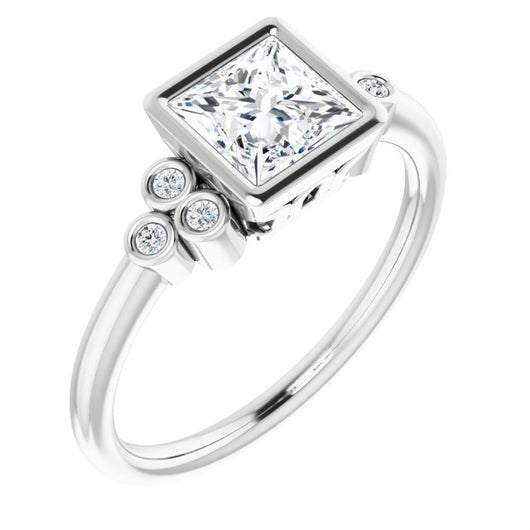 10K White Gold Customizable 7-stone Princess/Square Cut Style with Triple Round-Bezel Accent Cluster Each Side