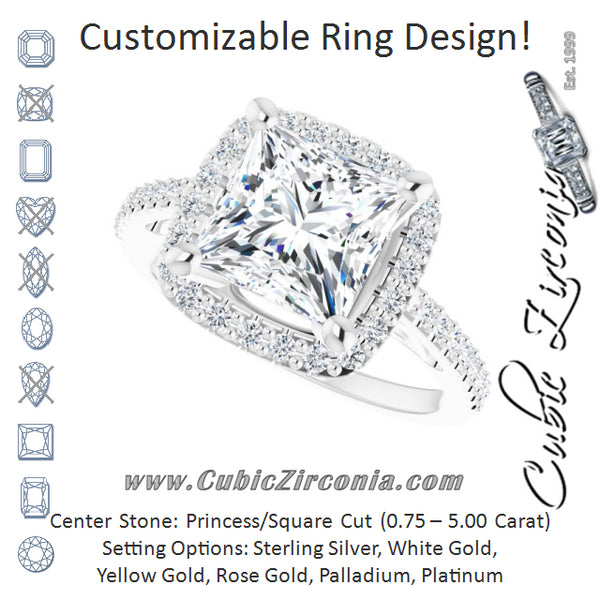 Cubic Zirconia Engagement Ring- The Zaya (Customizable Cathedral-Crown Princess/Square Cut Design with Halo and Accented Band)