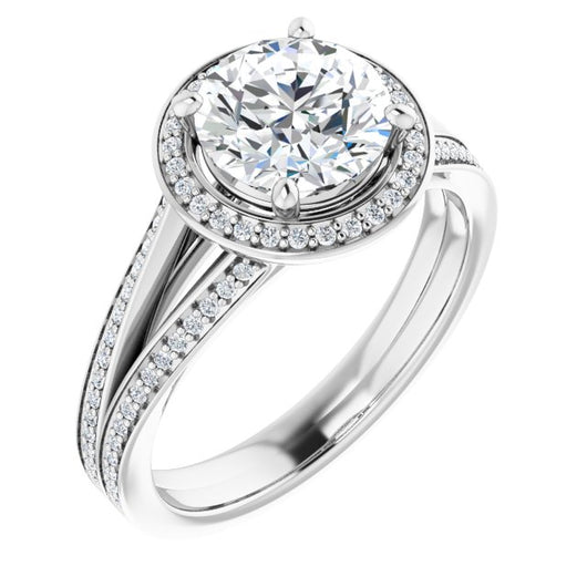 10K White Gold Customizable Round Cut Design with Split-Band Shared Prong & Halo