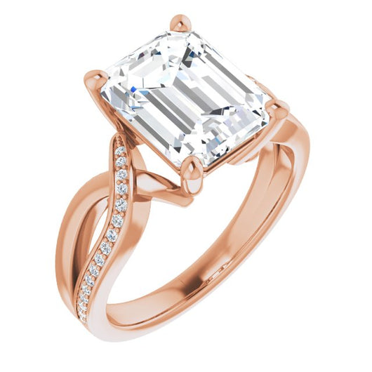 10K Rose Gold Customizable Emerald/Radiant Cut Center with Curving Split-Band featuring One Shared Prong Leg