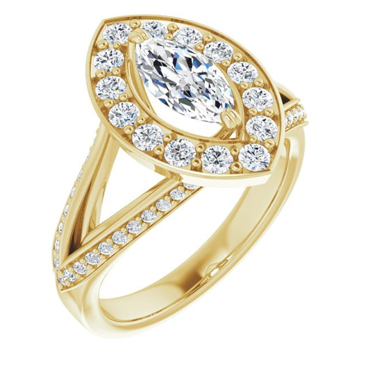 10K Yellow Gold Customizable Marquise Cut Center with Large-Accented Halo and Split Shared Prong Band