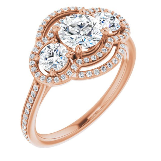 10K Rose Gold Customizable Enhanced 3-stone Double-Halo Style with Round Cut Center and Thin Band